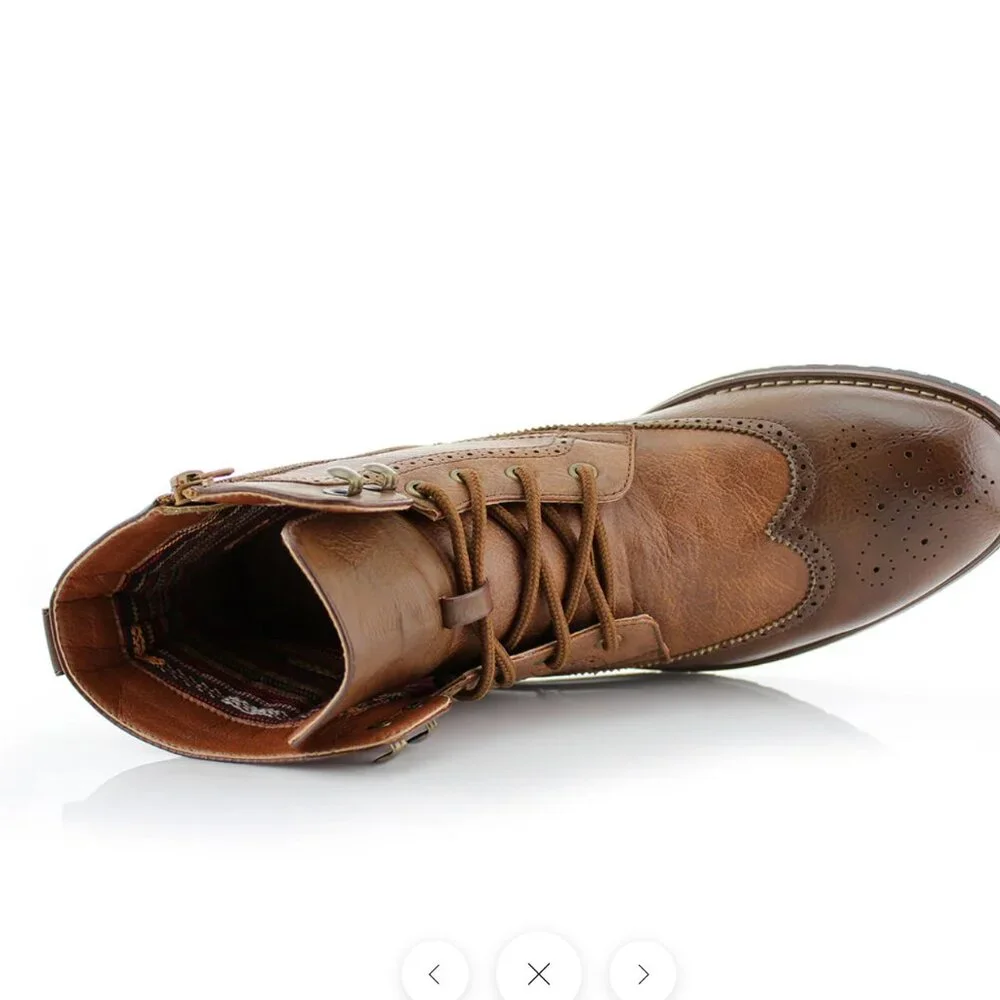 Men's Brown Lace Up Wing Tip Perforated Dress Ankle Boot